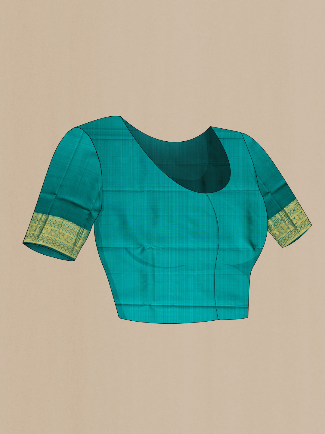 Close up image of the blouse of Peacock Blue Dual Tone Kanchipuram Silk Saree with Zari Butta on the body and Zari Border. 