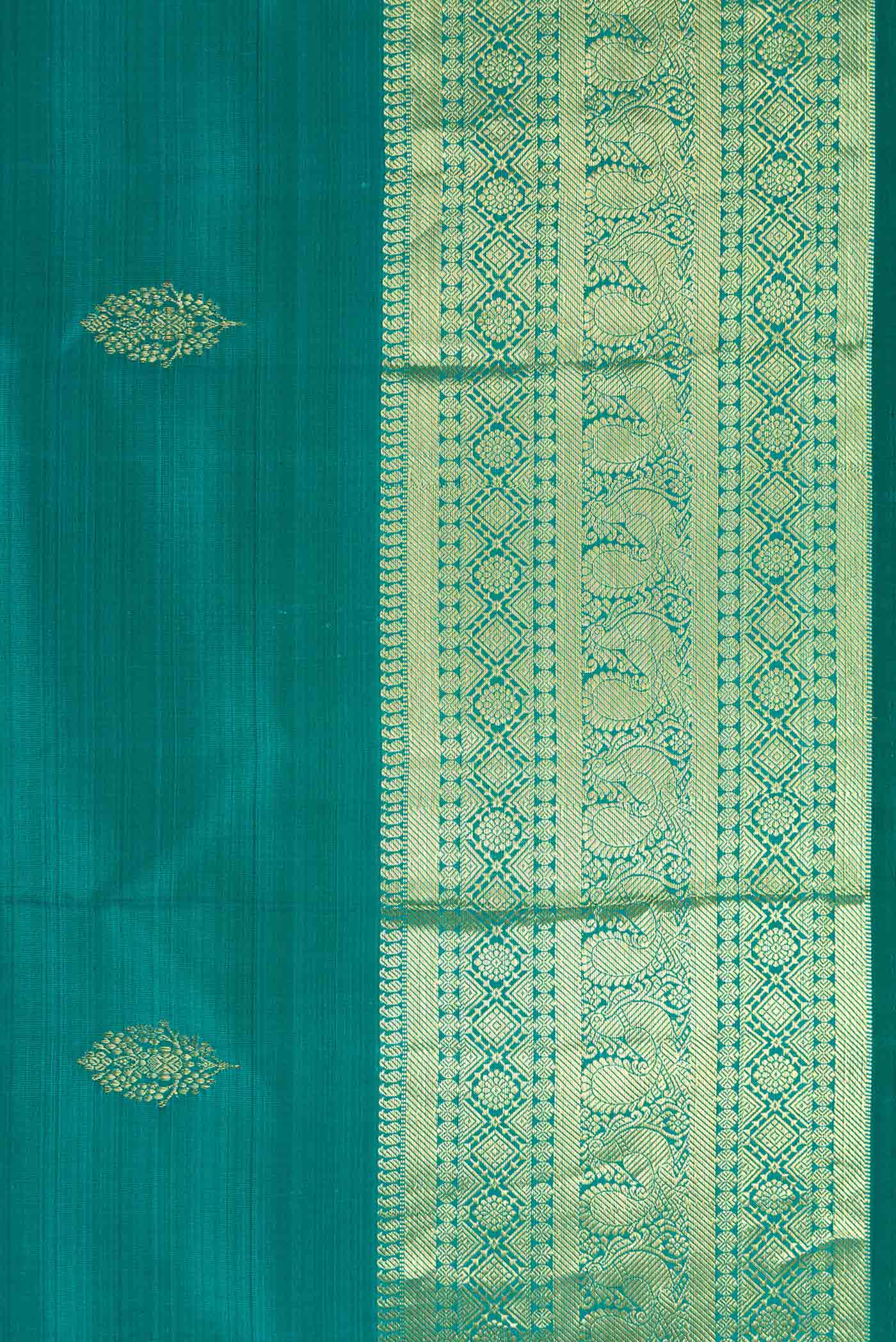 Border image of Peacock Blue Dual Tone Kanchipuram Silk Saree with Zari Butta on the body and Zari Border. 