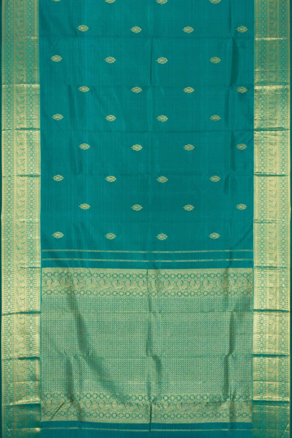 Flat view of Peacock Blue Dual Tone Kanchipuram Silk Saree with Zari Butta on the body and Zari Border. 