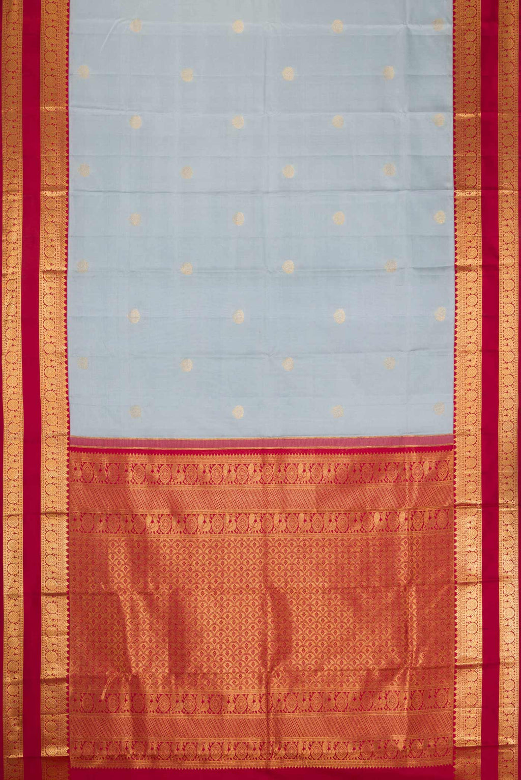 Flat view of Grey Dual Tone Kanchipuram Silk Saree with Zari Butta on the body and Zari Border