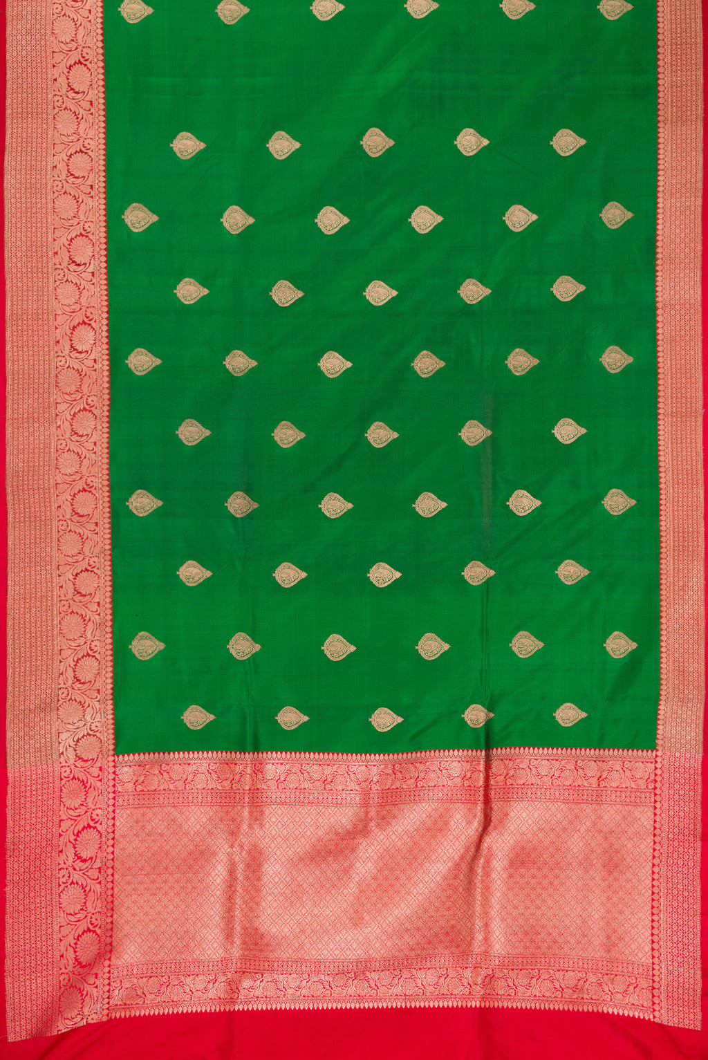 Flat view of Green Dual Tone Banarasi Silk Saree with Zari Butta on the body and Zari Border. 