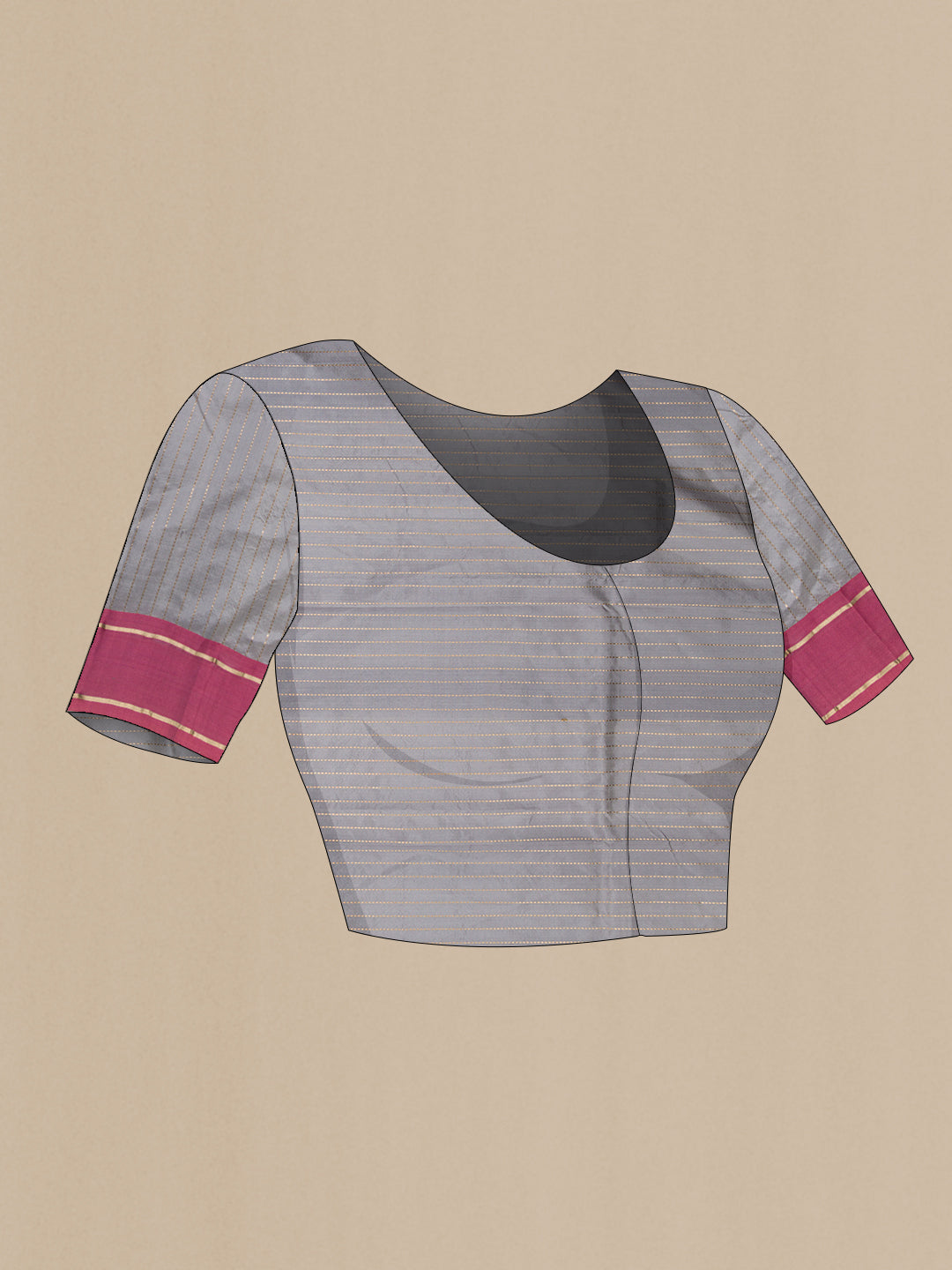 Close up image of the blouse of Grey Dual Tone Banarasi Silk Saree with Stripes on the body and Zari Border. 