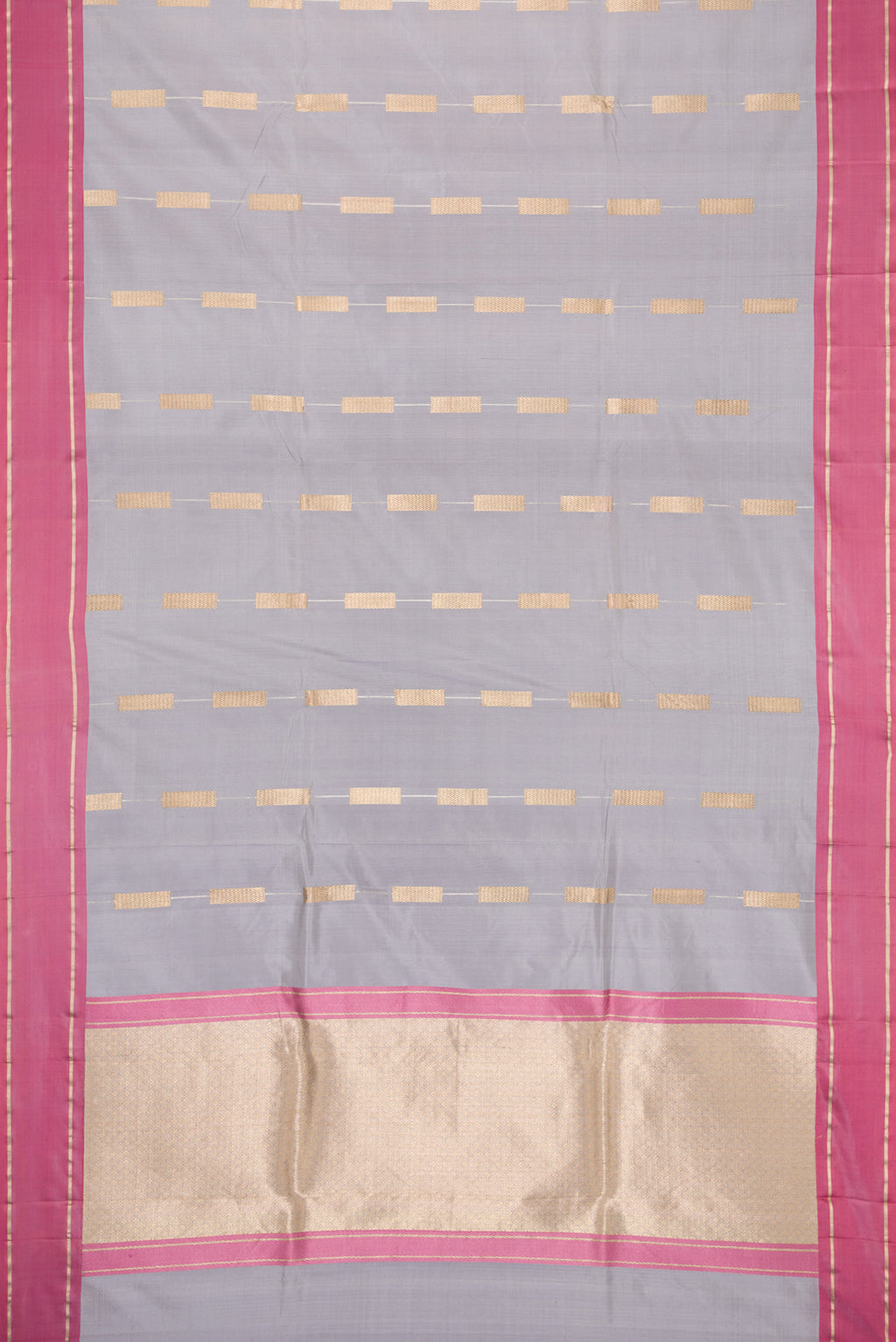 Flat view of Grey Dual Tone Banarasi Silk Saree with Stripes on the body and Zari Border. 