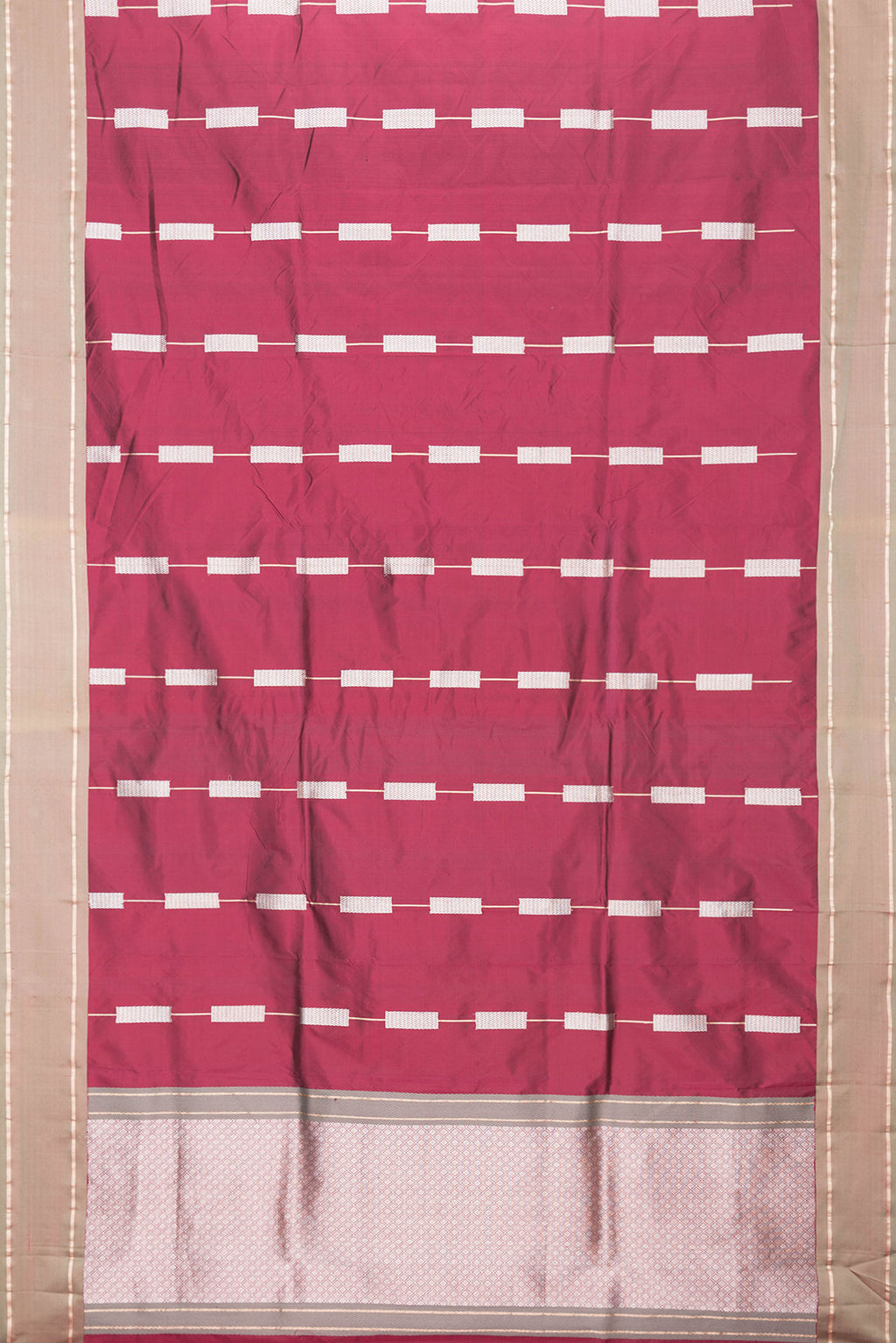 Flat view of Maroon Dual Tone Banarasi Silk Saree with Zari Butta on the body and Zari Border. 