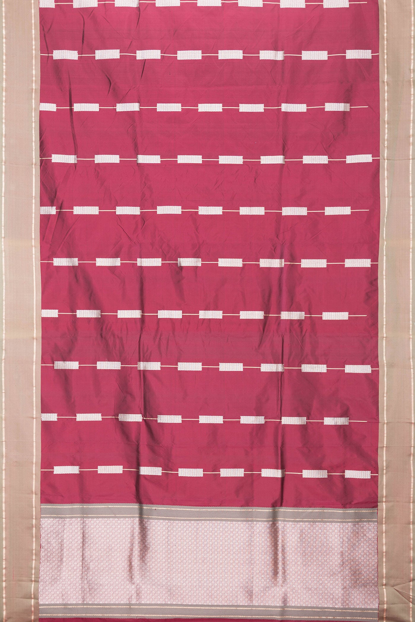 Flat view of Maroon Dual Tone Banarasi Silk Saree with Zari Butta on the body and Zari Border. 