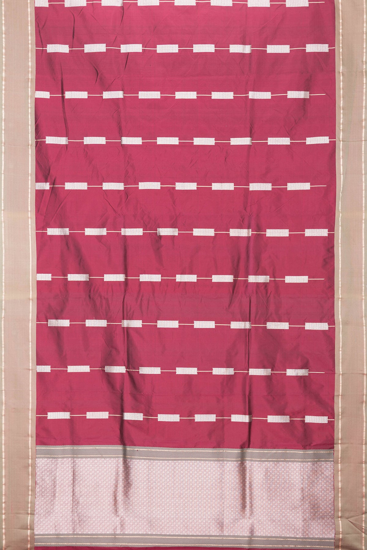 Flat view of Maroon Dual Tone Banarasi Silk Saree with Zari Butta on the body and Zari Border. 