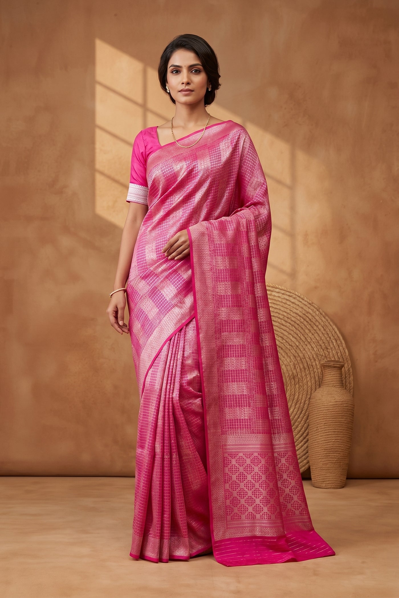 Model wearing a Pink Banarasi Silk Saree with Zari Brocade on the body and Zari Border.