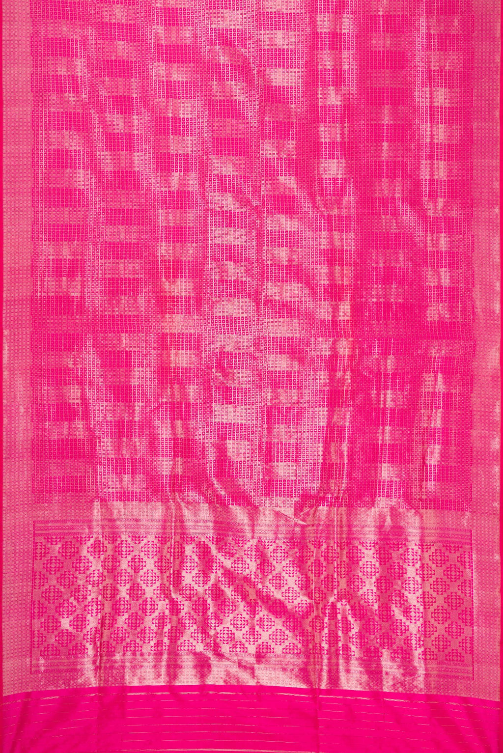 Flat view of Pink Dual Tone Banarasi Silk Saree with Zari Brocade on the body and Zari Border. 