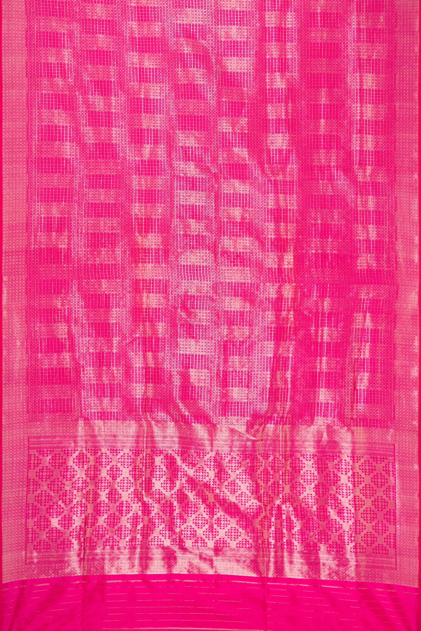 Flat view of Pink Dual Tone Banarasi Silk Saree with Zari Brocade on the body and Zari Border. 