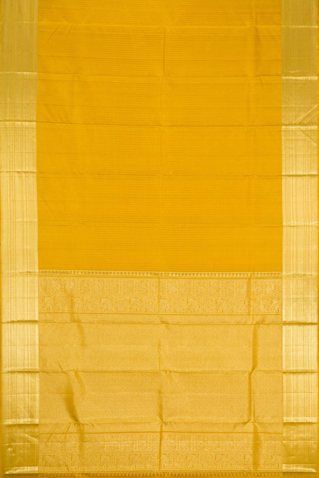 Flat view of Mustard Dual Tone Kanchipuram Silk Saree with Zari Butta on the body and Zari Border