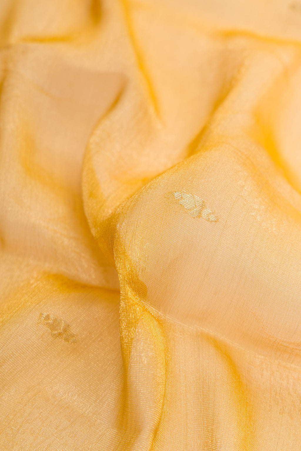 Close up of Mustard Dual Tone Mysore Georgette Saree with Zari Brocade on the body and Zari Border.  displaying folds