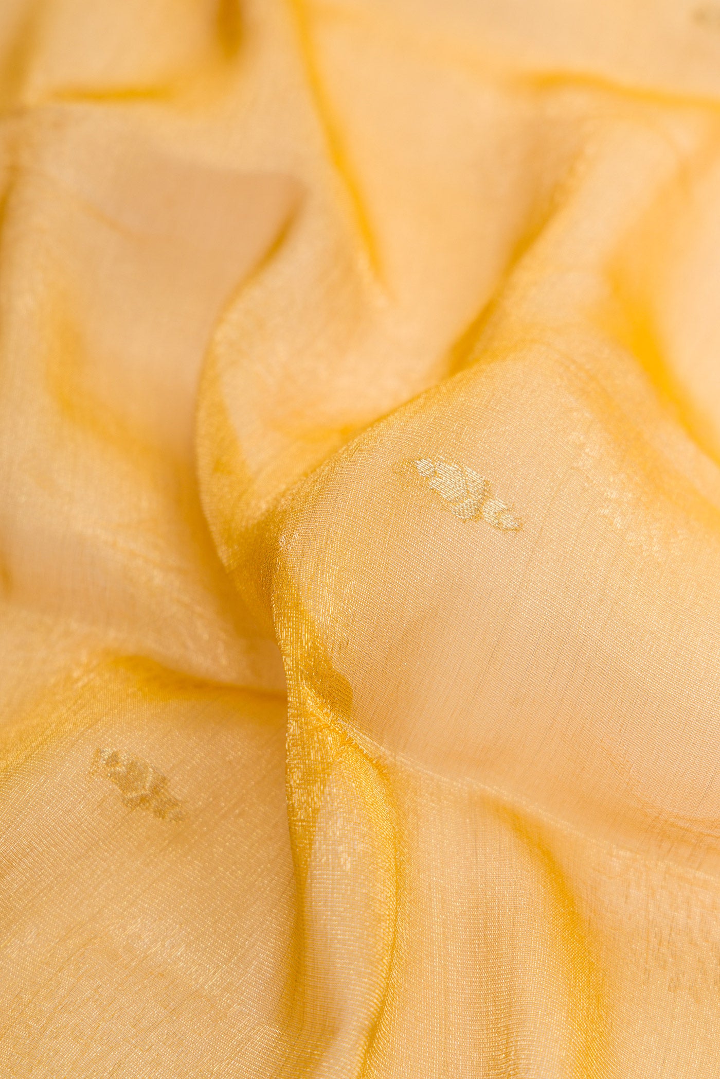 Close up of Mustard Dual Tone Mysore Georgette Saree with Zari Brocade on the body and Zari Border.  displaying folds