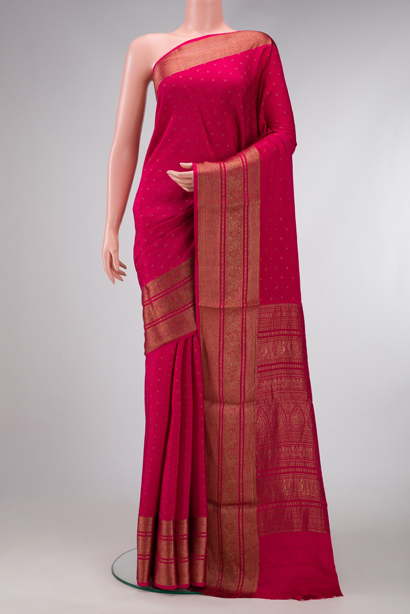 Dark Pink Dual Tone Banarasi Georgette Saree with Jacquard With Zari Butta on the body and Zari Border.  displayed on a mannequin