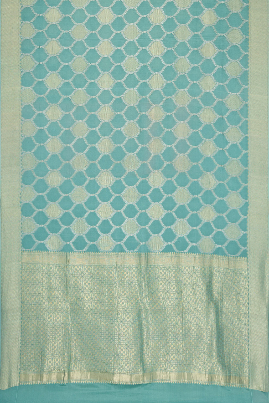 Flat view of Maya Blue Dual Tone Mysore Georgette Saree with Zari Brocade on the body and Zari Border. 