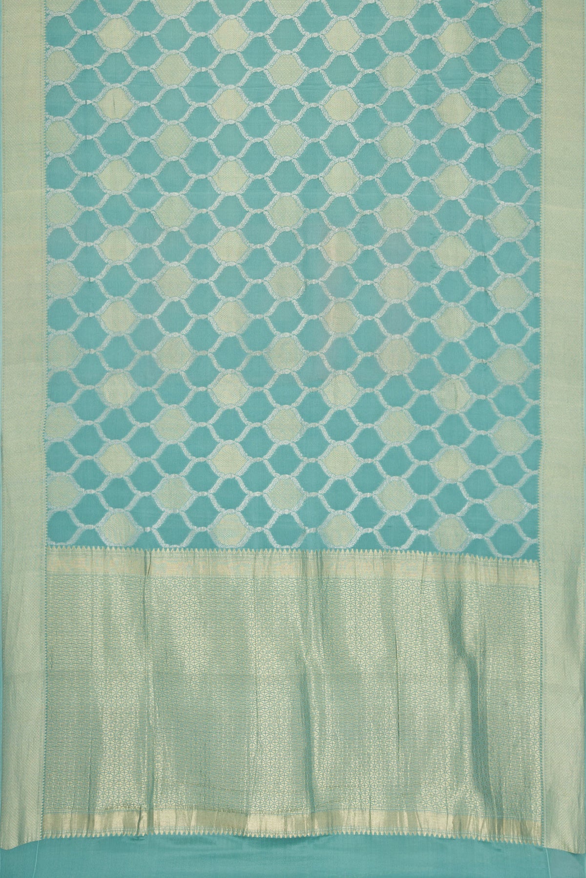 Flat view of Maya Blue Dual Tone Mysore Georgette Saree with Zari Brocade on the body and Zari Border. 