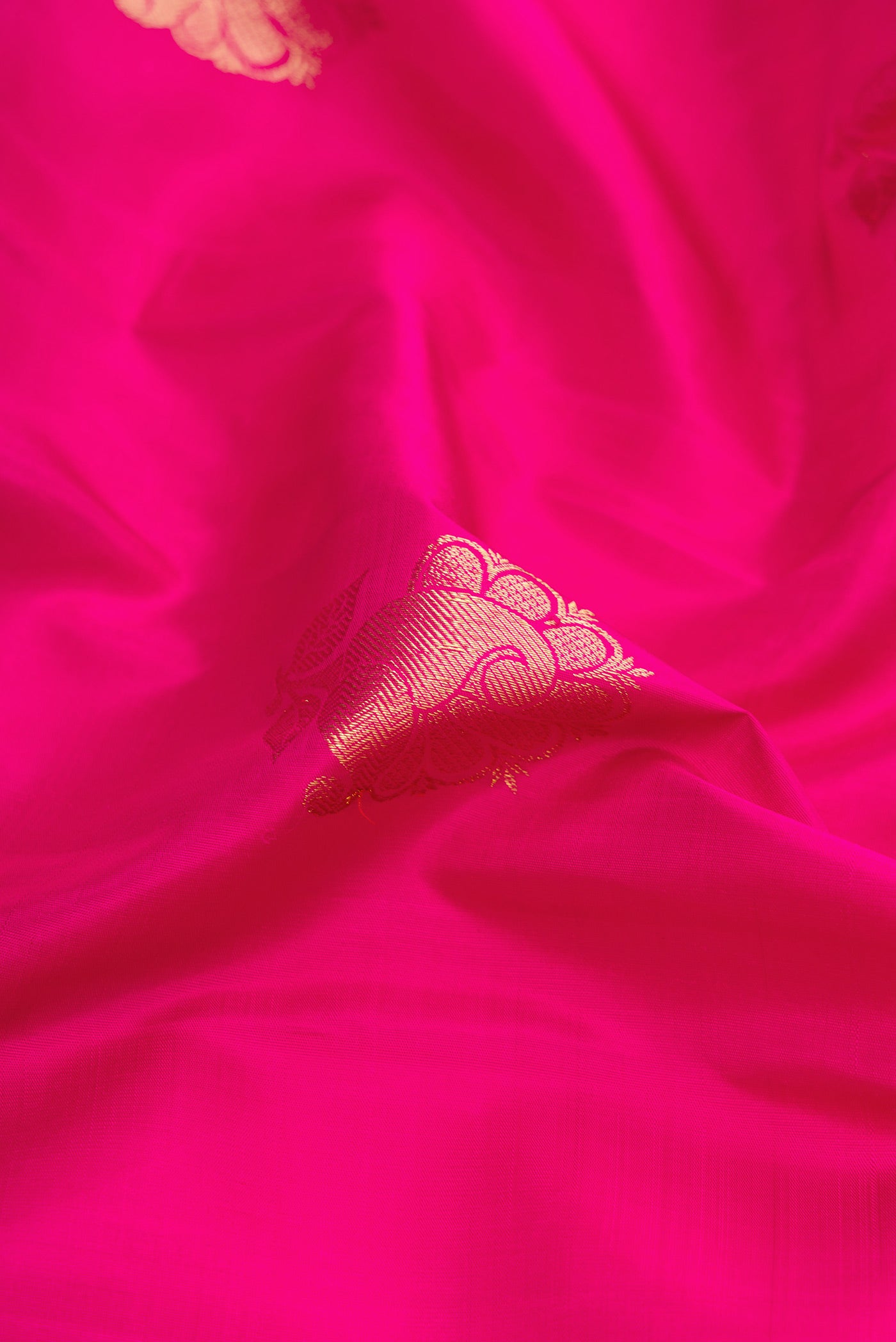 Close up of Pink Dual Tone Kanchipuram Silk Saree with Zari Butta on the body and Zari Border.  displaying folds