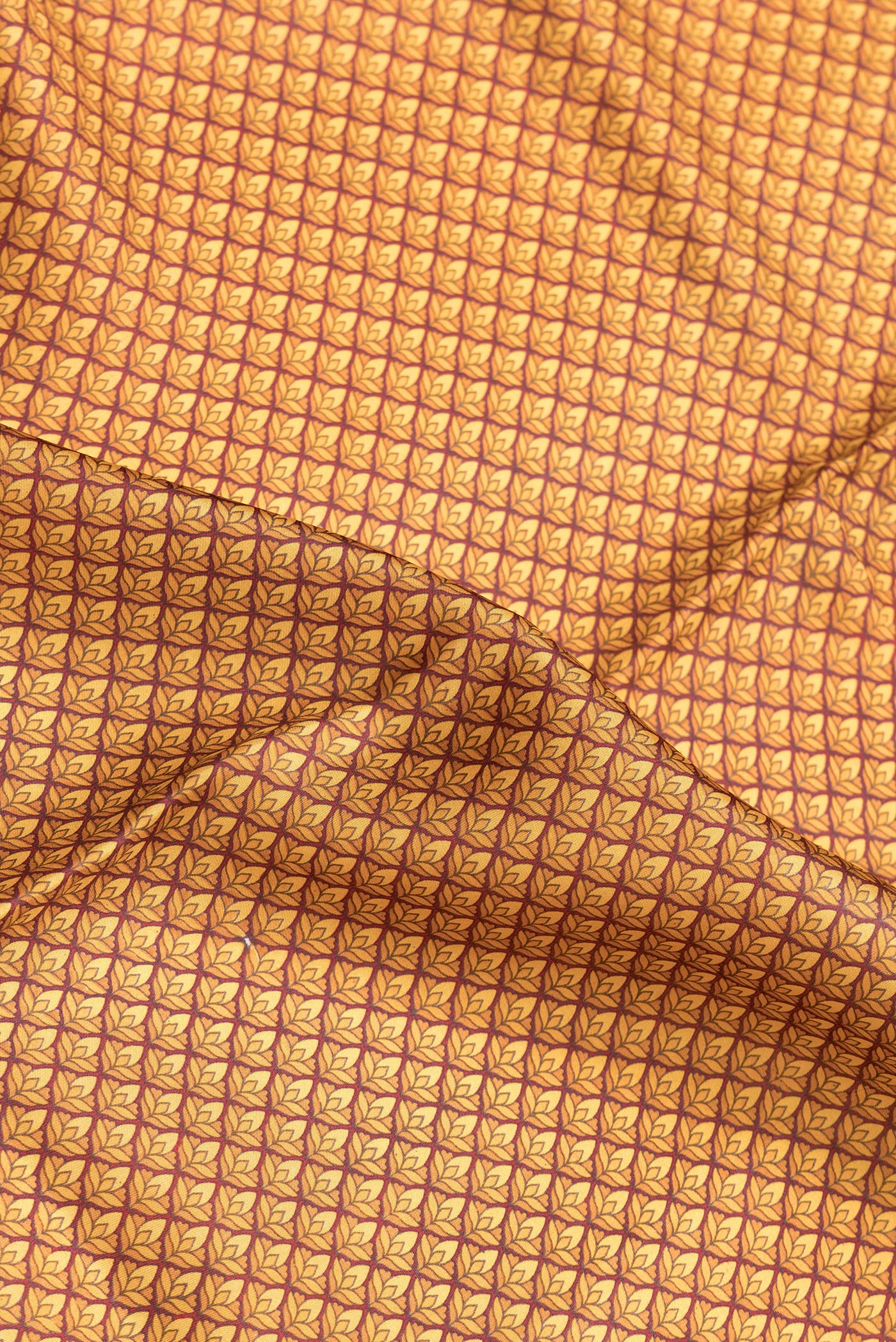 Close up of Mustard Dual Tone Printed Silk Saree with Printed design on the body and Printed Border.  displaying folds