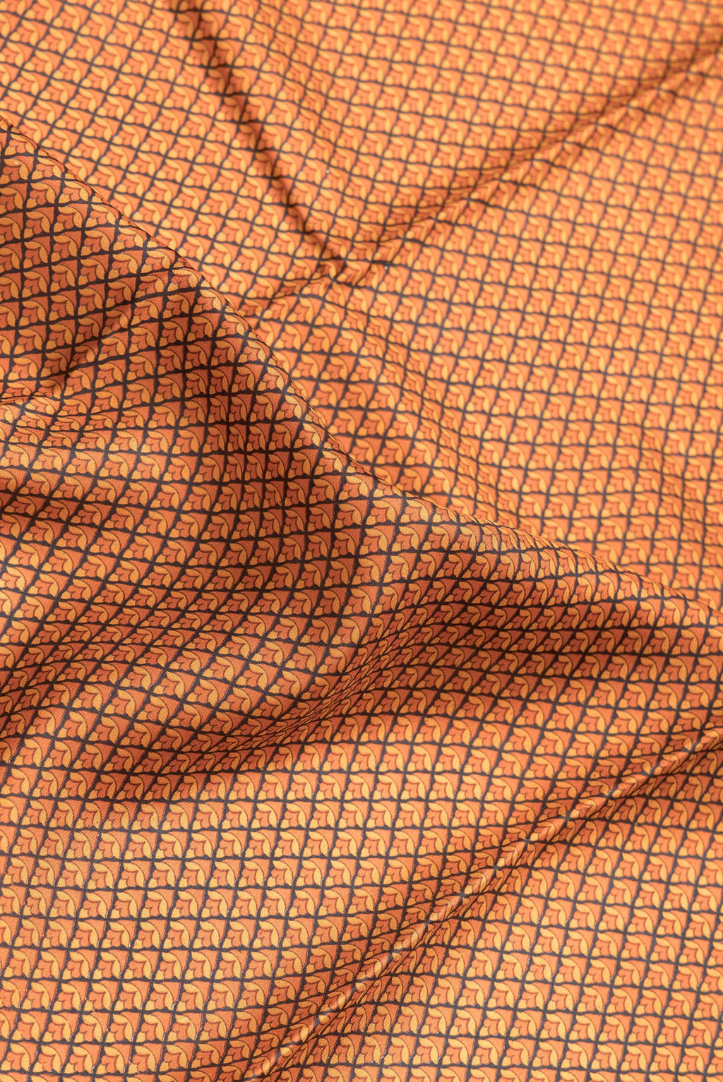 Close up of Orange Dual Tone Printed Silk Saree with Printed design on the body and Printed Border.  displaying folds