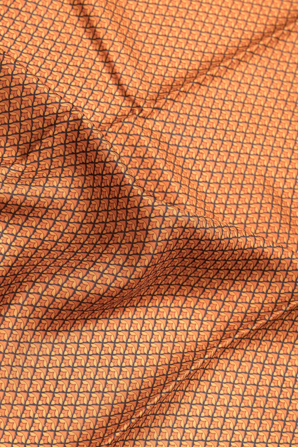 Close up of Orange Dual Tone Printed Silk Saree with Printed design on the body and Printed Border.  displaying folds