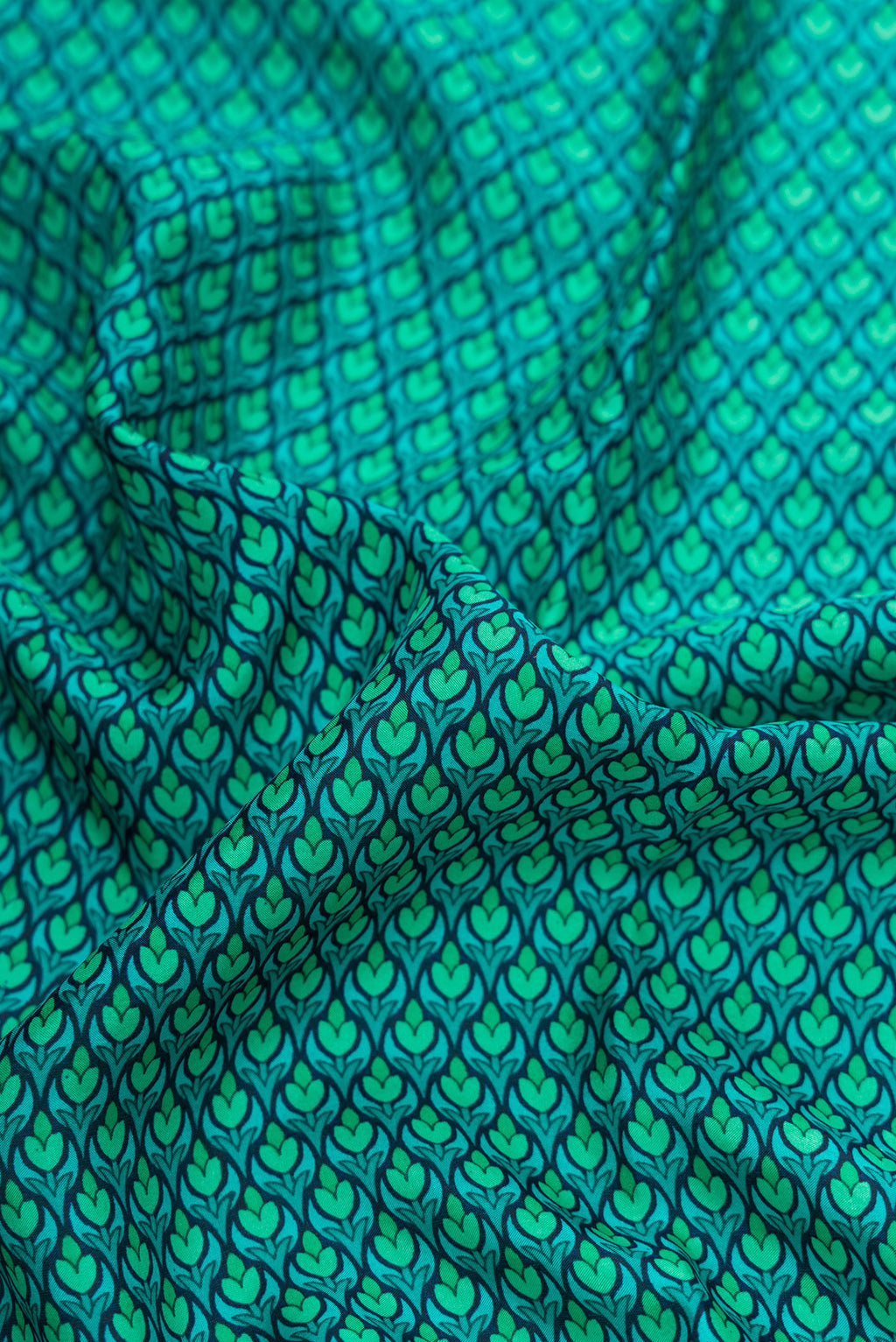 Close up of Sea Green Dual Tone Printed Silk Saree with Printed design on the body and Printed Border.  displaying folds