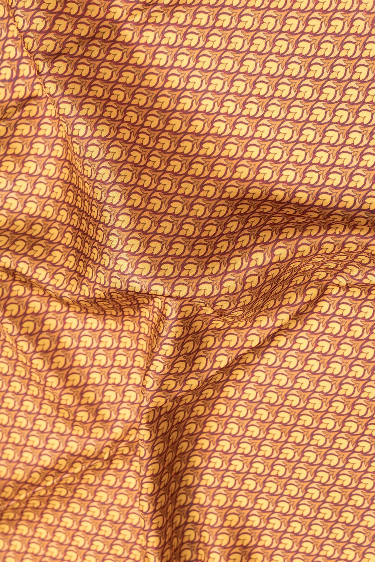 Close up of Mustard Dual Tone Printed Silk Saree with Printed design on the body and Printed Border.  displaying folds