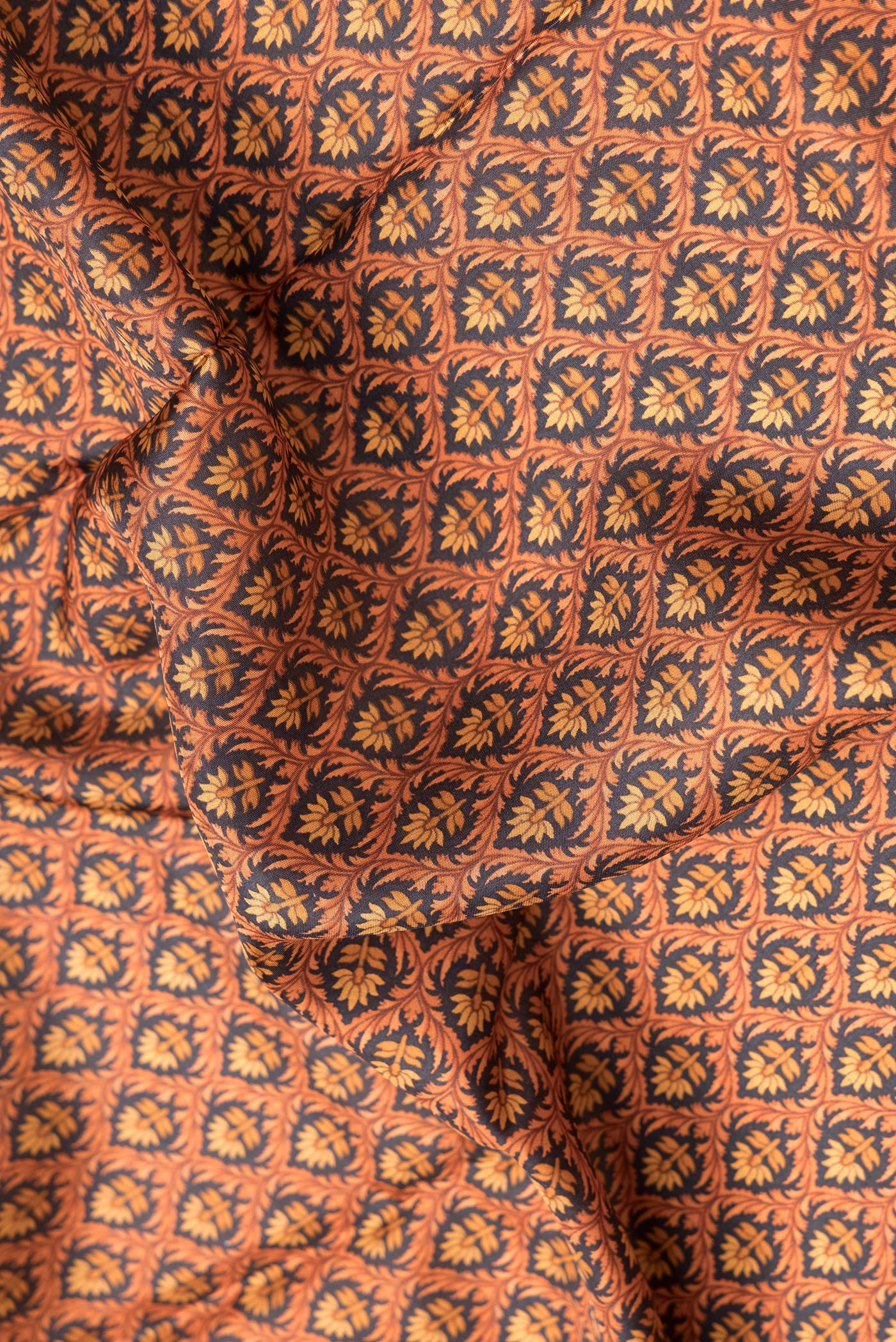 Close up of Black Dual Tone Printed Silk Saree with Printed design on the body and Printed Border.  displaying folds