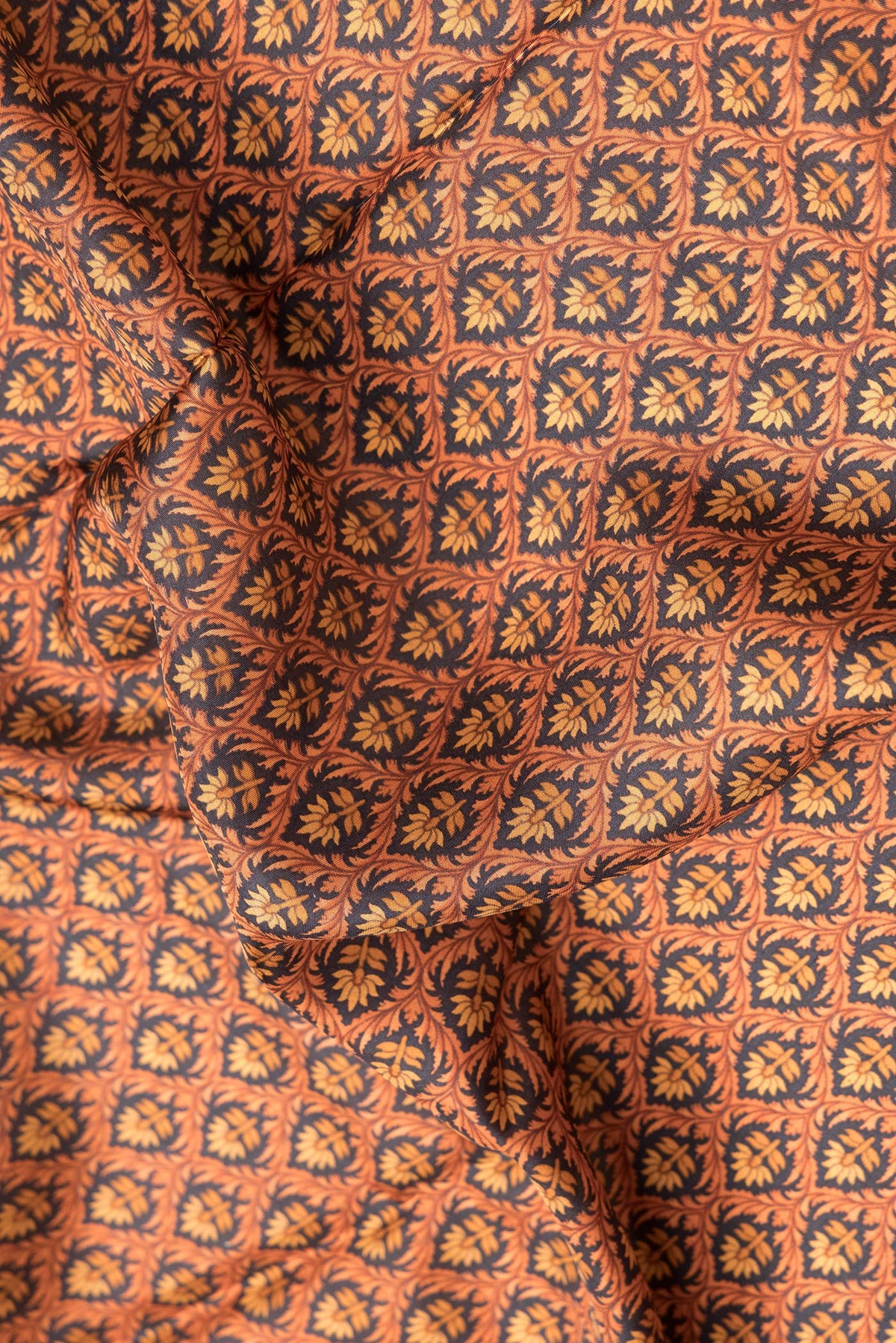 Close up of Black Dual Tone Printed Silk Saree with Printed design on the body and Printed Border.  displaying folds