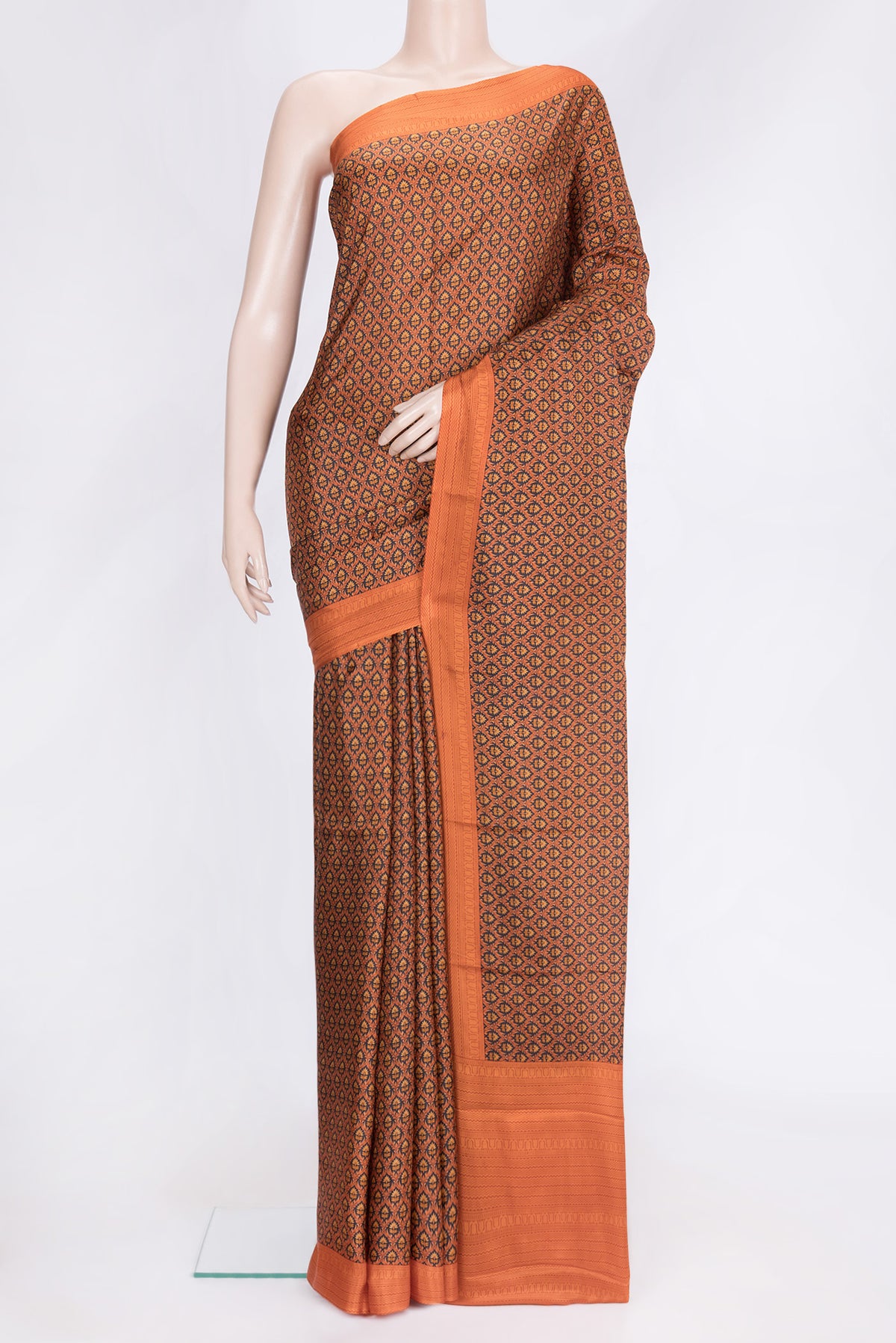 Black Dual Tone Printed Silk Saree with Printed design on the body and Printed Border.  displayed on a mannequin