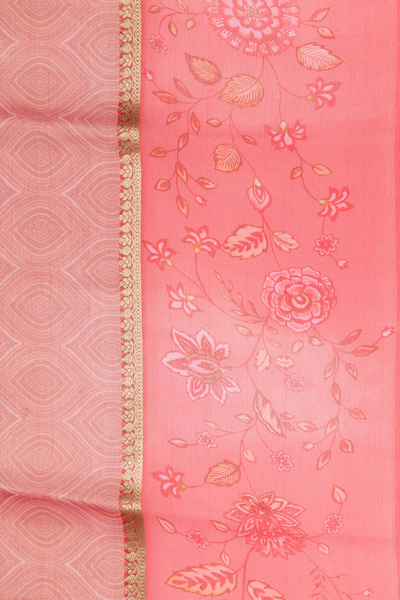 Border image of Golden Peach Dual Tone Mysore Georgette Saree with Zari Brocade on the body and Printed Border. 