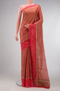 Golden Peach Dual Tone Mysore Georgette Saree with Zari Brocade on the body and Printed Border.  displayed on a mannequin