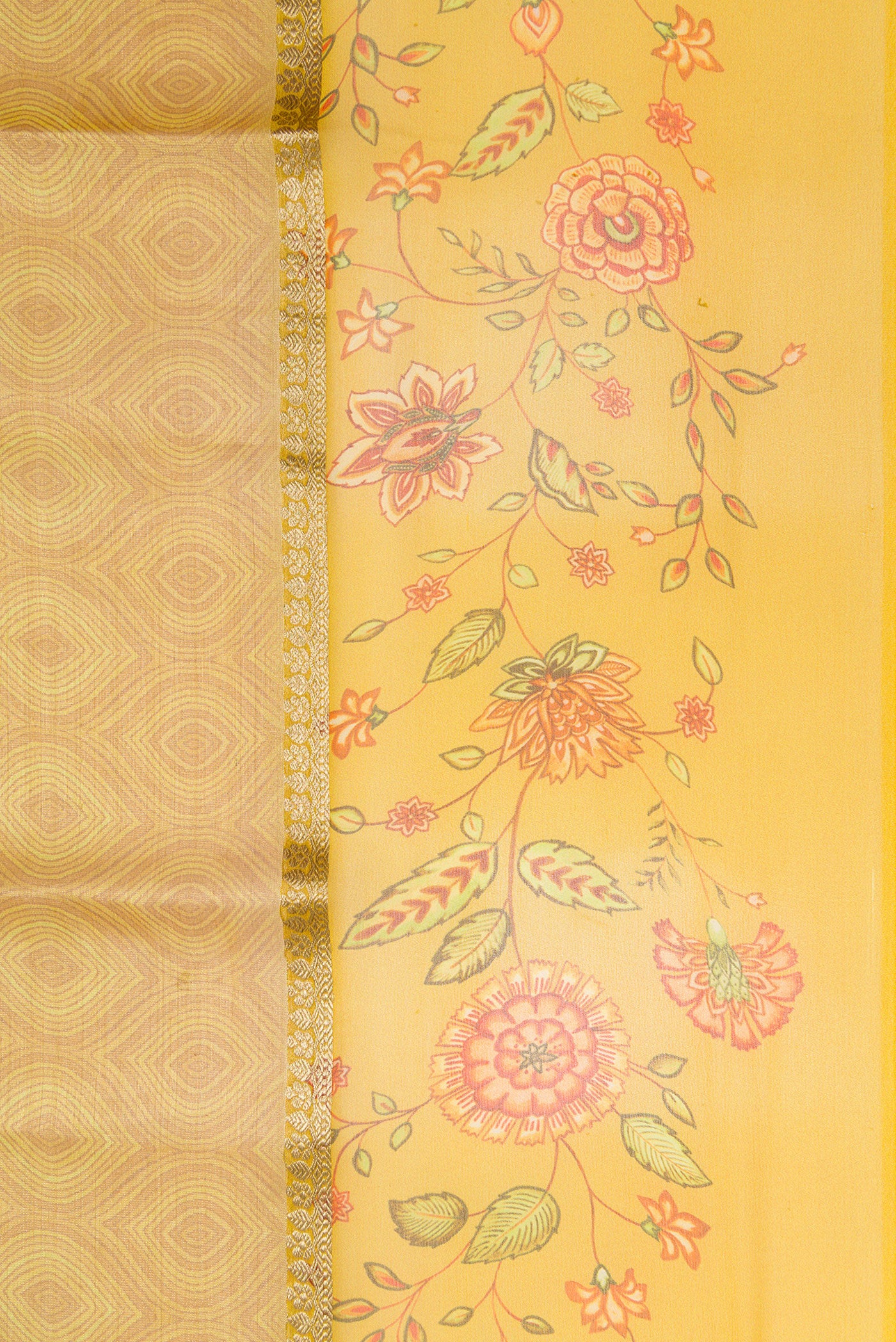 Border image of Mustard Dual Tone Mysore Georgette Saree with Zari Brocade on the body and Printed Border. 