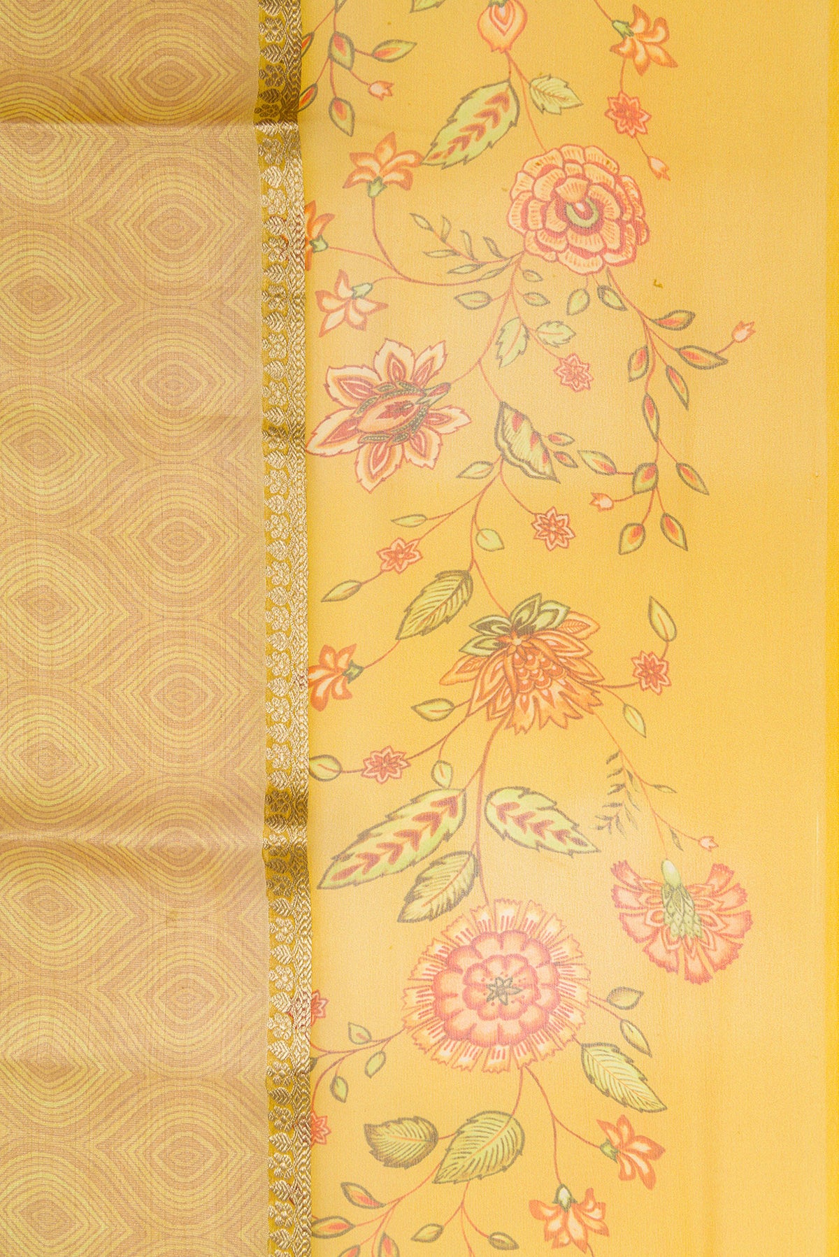 Border image of Mustard Dual Tone Mysore Georgette Saree with Zari Brocade on the body and Printed Border. 