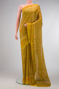 Mustard Dual Tone Mysore Georgette Saree with Zari Brocade on the body and Printed Border.  displayed on a mannequin