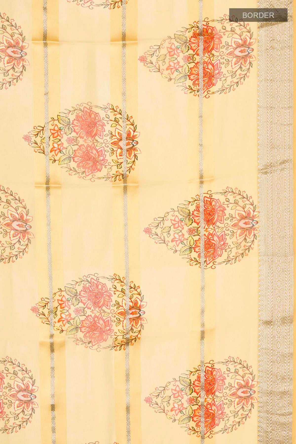 Border image of Yellow Mysore Georgette Saree Printed design on the body and Zari Border