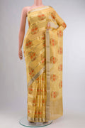 Yellow Mysore Georgette Saree Printed design on the body and Zari Border displayed on a mannequin
