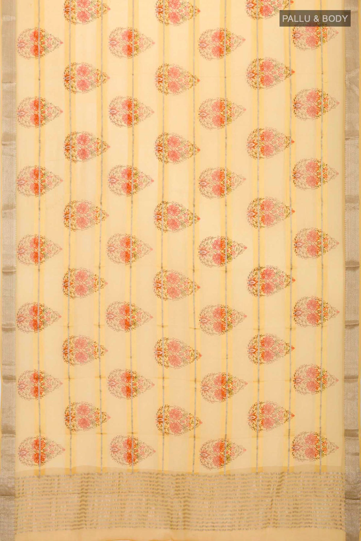 Flat view of Yellow Mysore Georgette Saree Printed design on the body and Zari Border