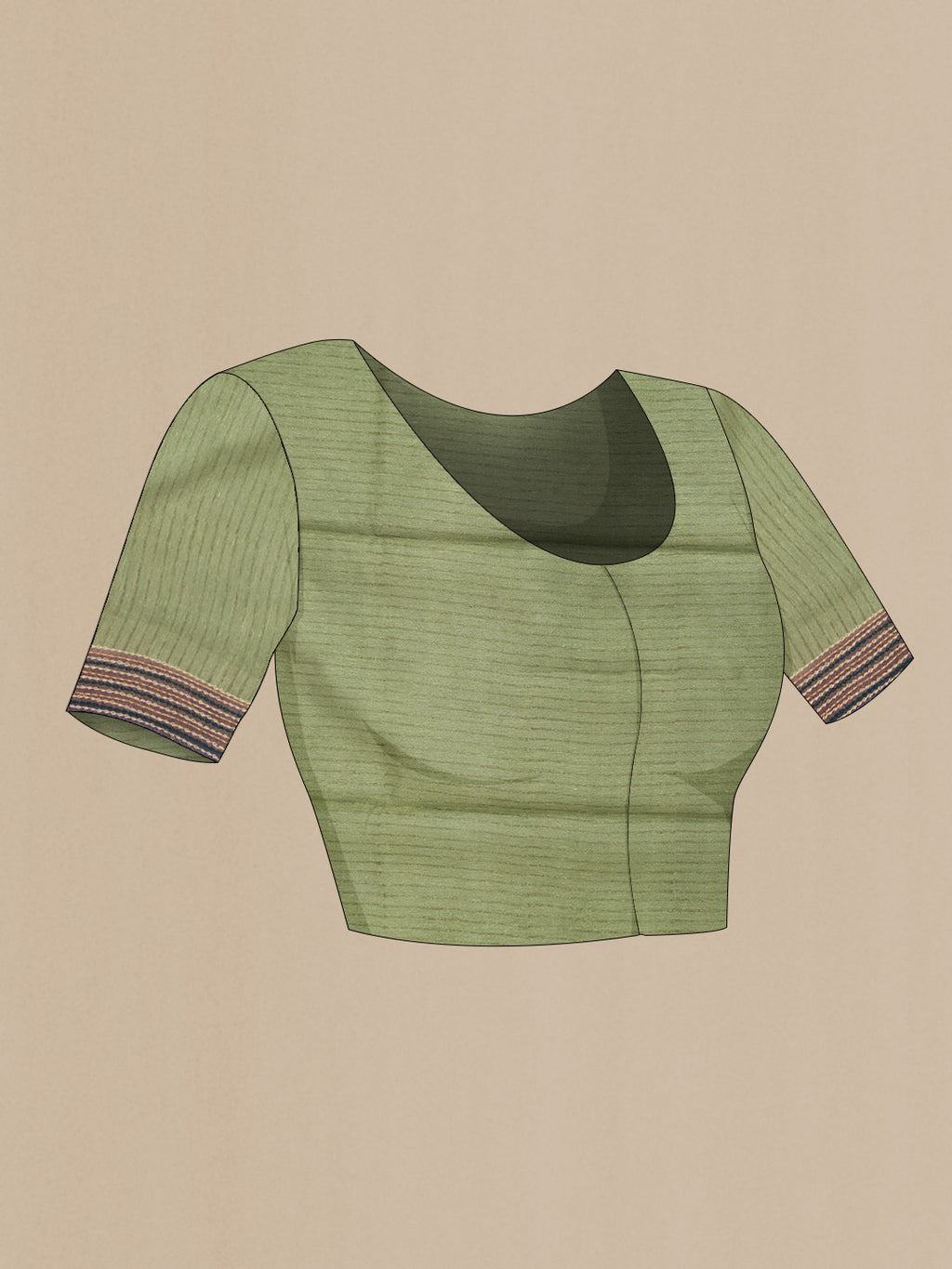 Close up image of the blouse of Green Dual Tone Tussar Silk Saree with Printed design on the body and Embroidery Border. 