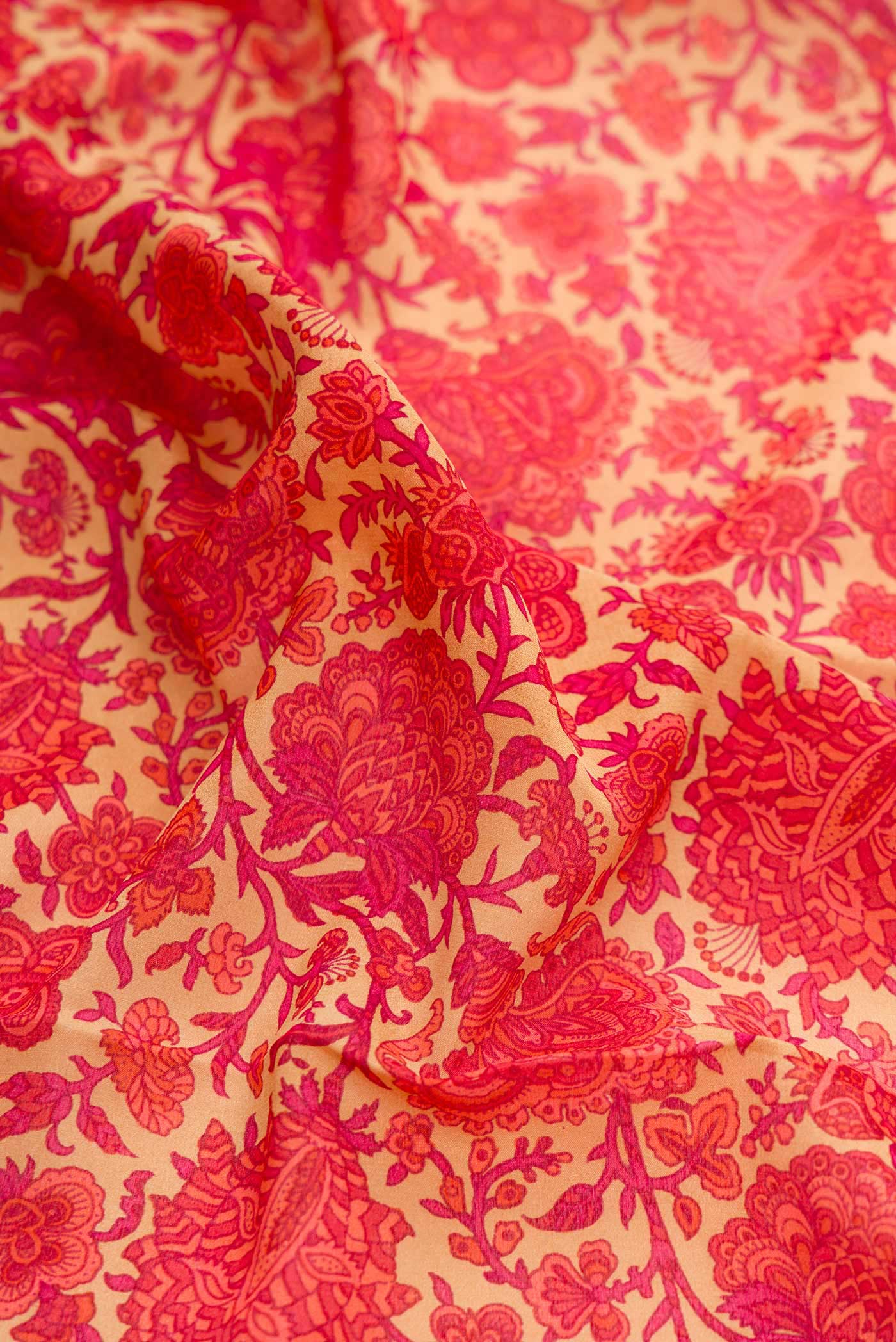 Close up of Beige Dual Tone Mysore Georgette Saree with Printed design on the body and Thread Border displaying folds
