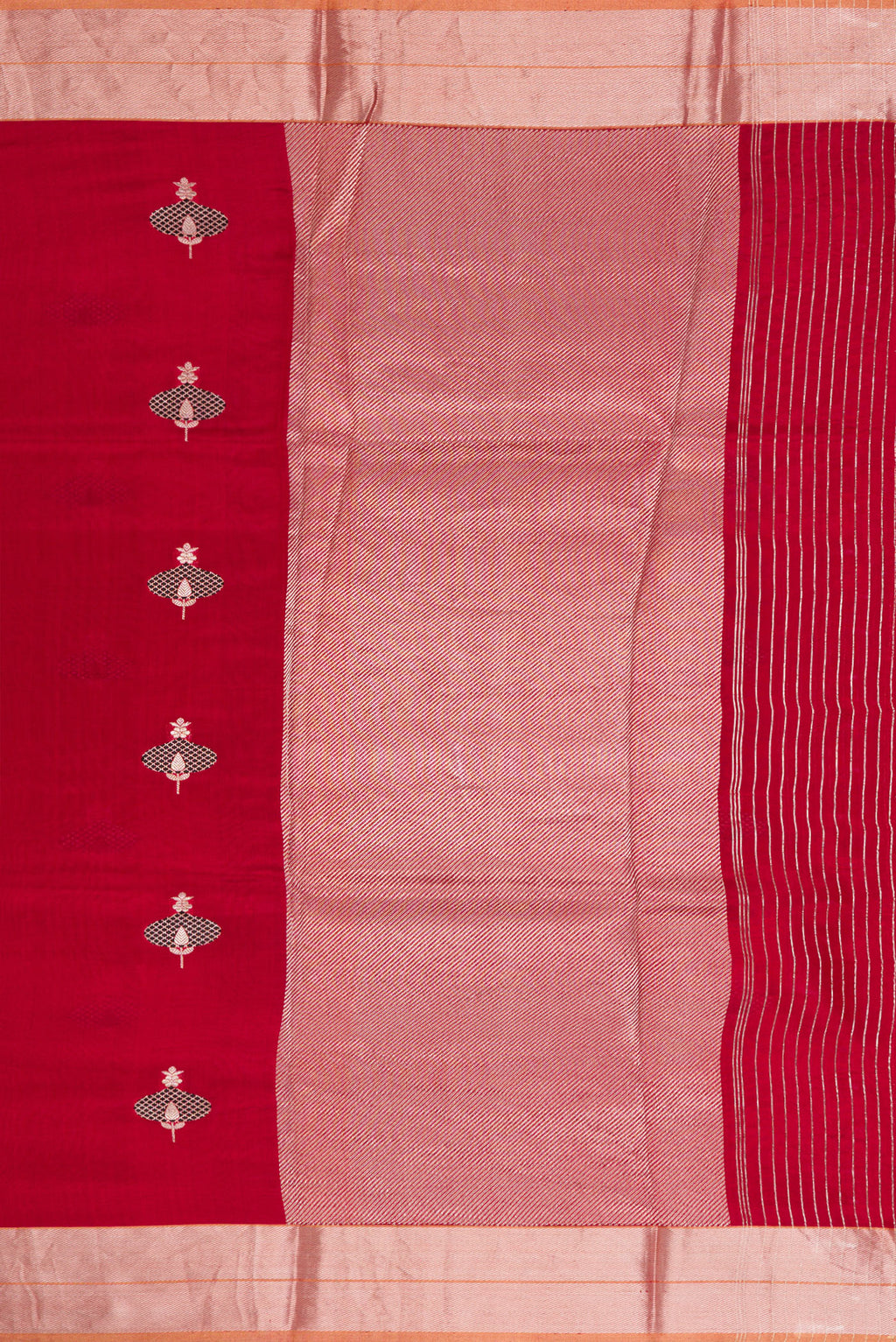 Close up image of the pallu of Burgundy Dual Tone Banarasi Silk Saree with Stripes on the body and Thin Zari Line. 