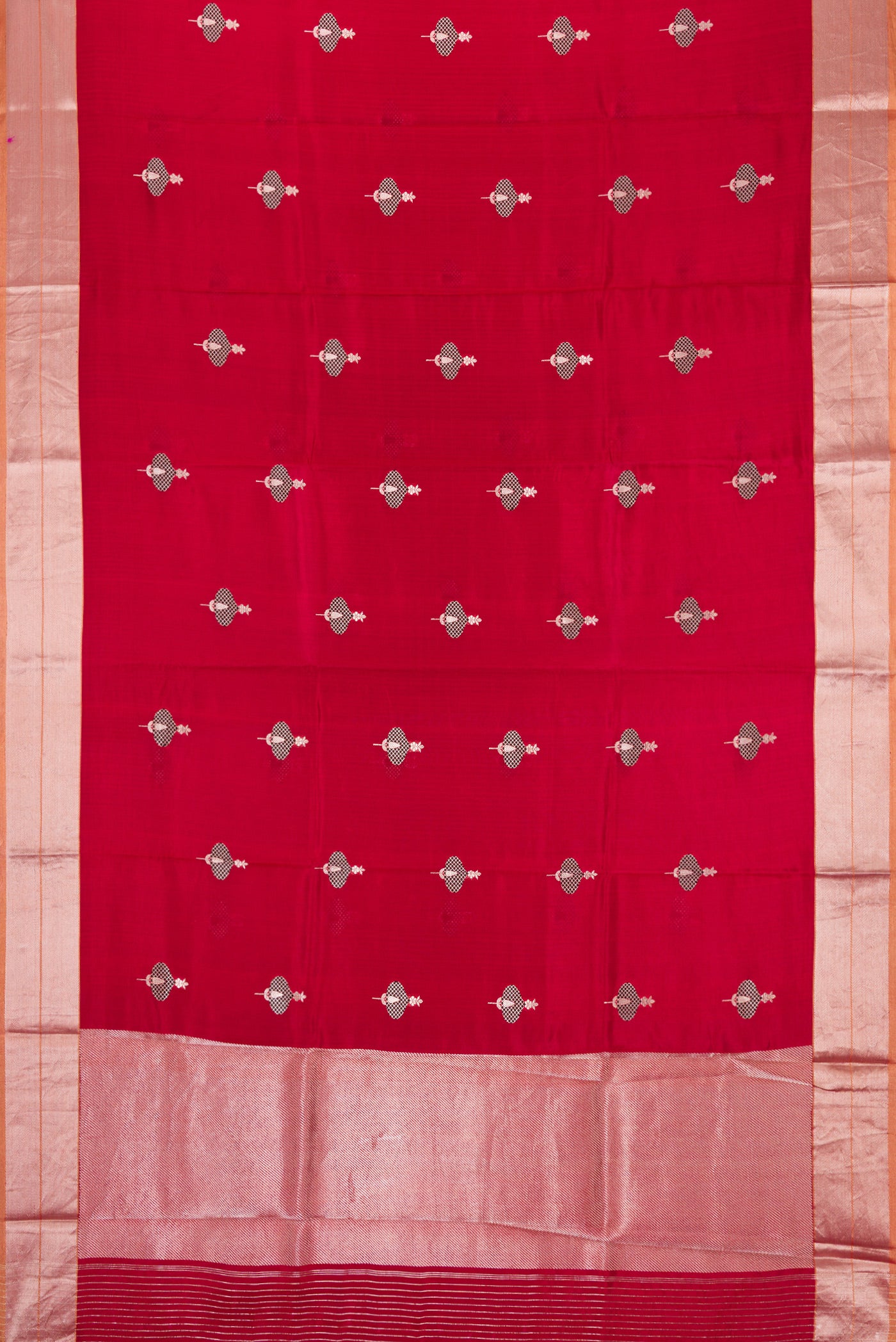 Flat view of Burgundy Dual Tone Banarasi Silk Saree with Stripes on the body and Thin Zari Line. 