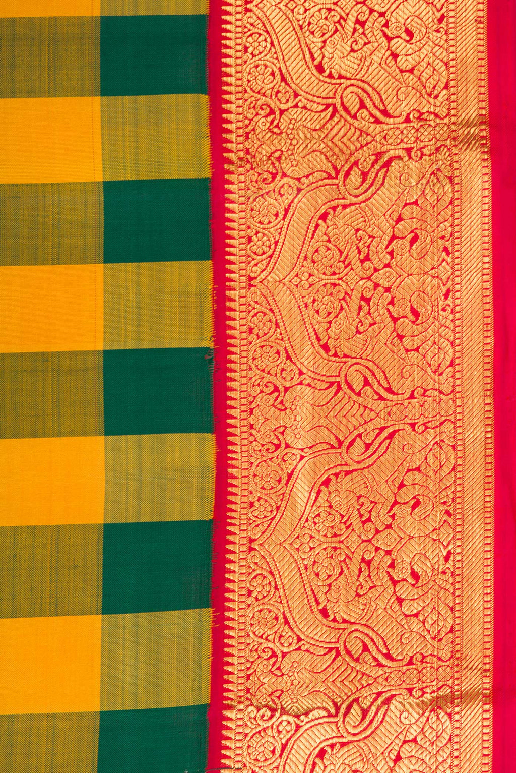 Border image of Pure Silk Pure Zari Green and Mustard Color Kanjivaram Saree with Checked design on the body and Zari Border. 