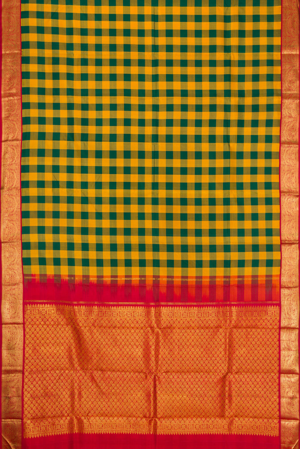 Flat view of Pure Silk Pure Zari Green and Mustard Color Kanjivaram Saree with Checked design on the body and Zari Border. 