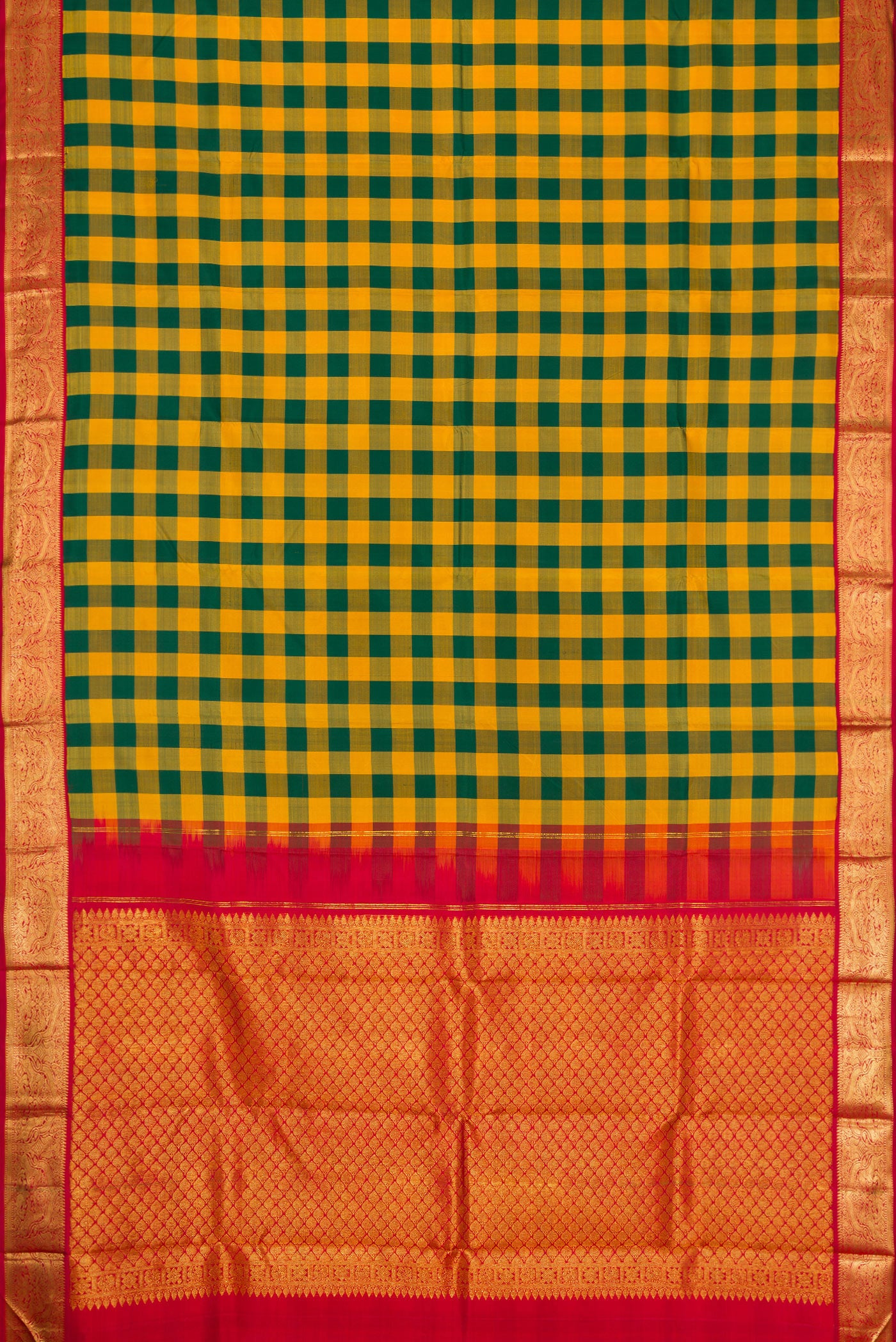 Flat view of Pure Silk Pure Zari Green and Mustard Color Kanjivaram Saree with Checked design on the body and Zari Border. 