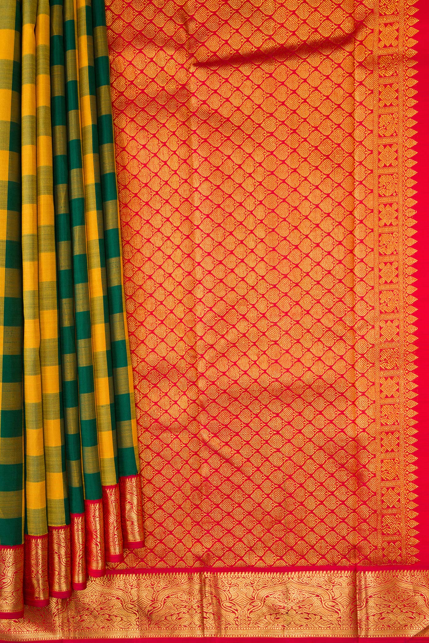 Pleats and pallu of Pure Silk Pure Zari Green and Mustard Color Kanjivaram Saree with Checked design on the body and Zari Border. 