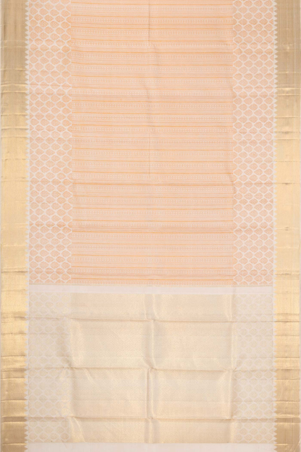 Flat view of Beige Dual Tone Kanchipuram Silk Saree with Zari Butta on the body and Zari Border. 
