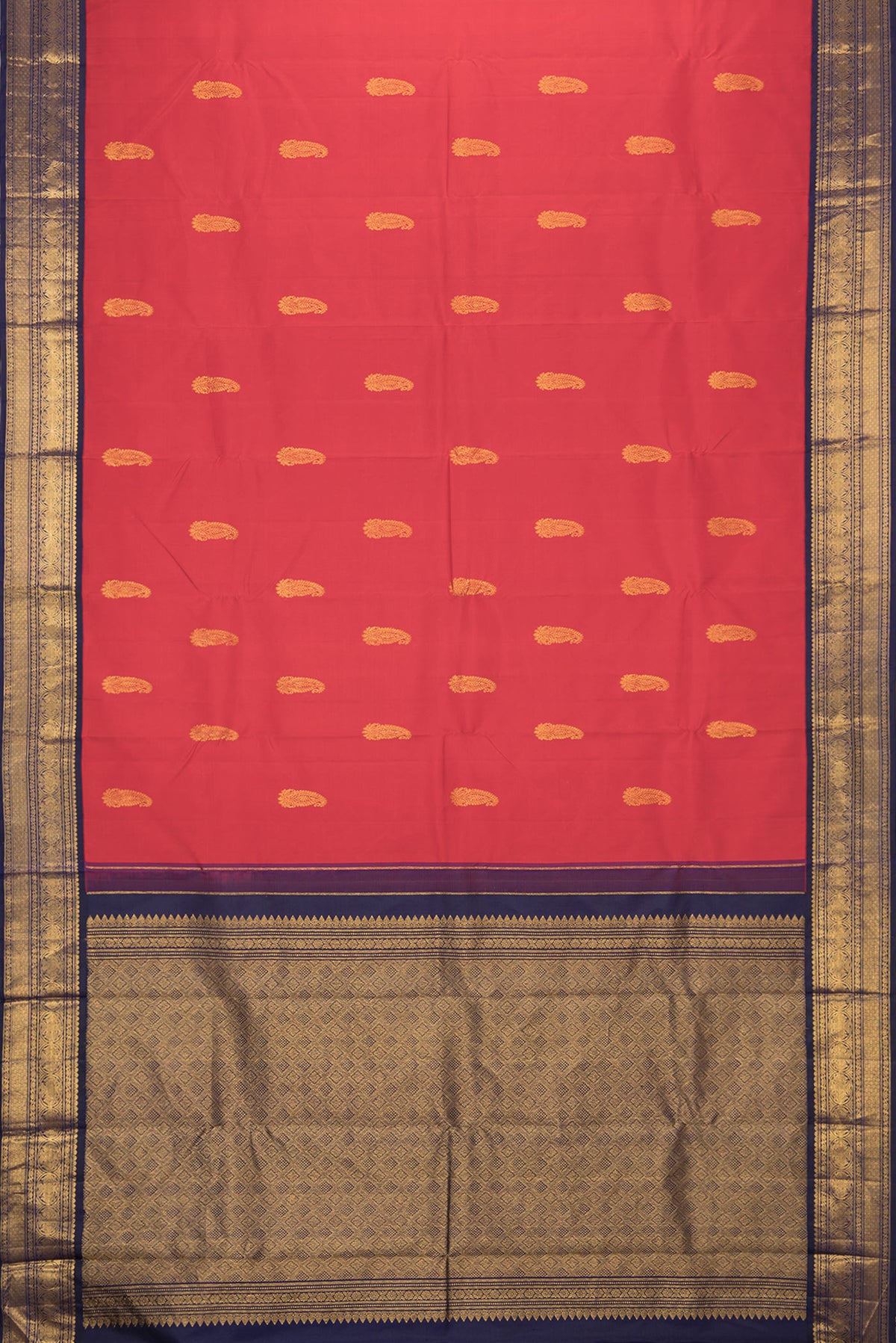 Flat view of Red Dual Tone Kanjivaram Silk Saree with Zari Butta on the body and Zari Border. 