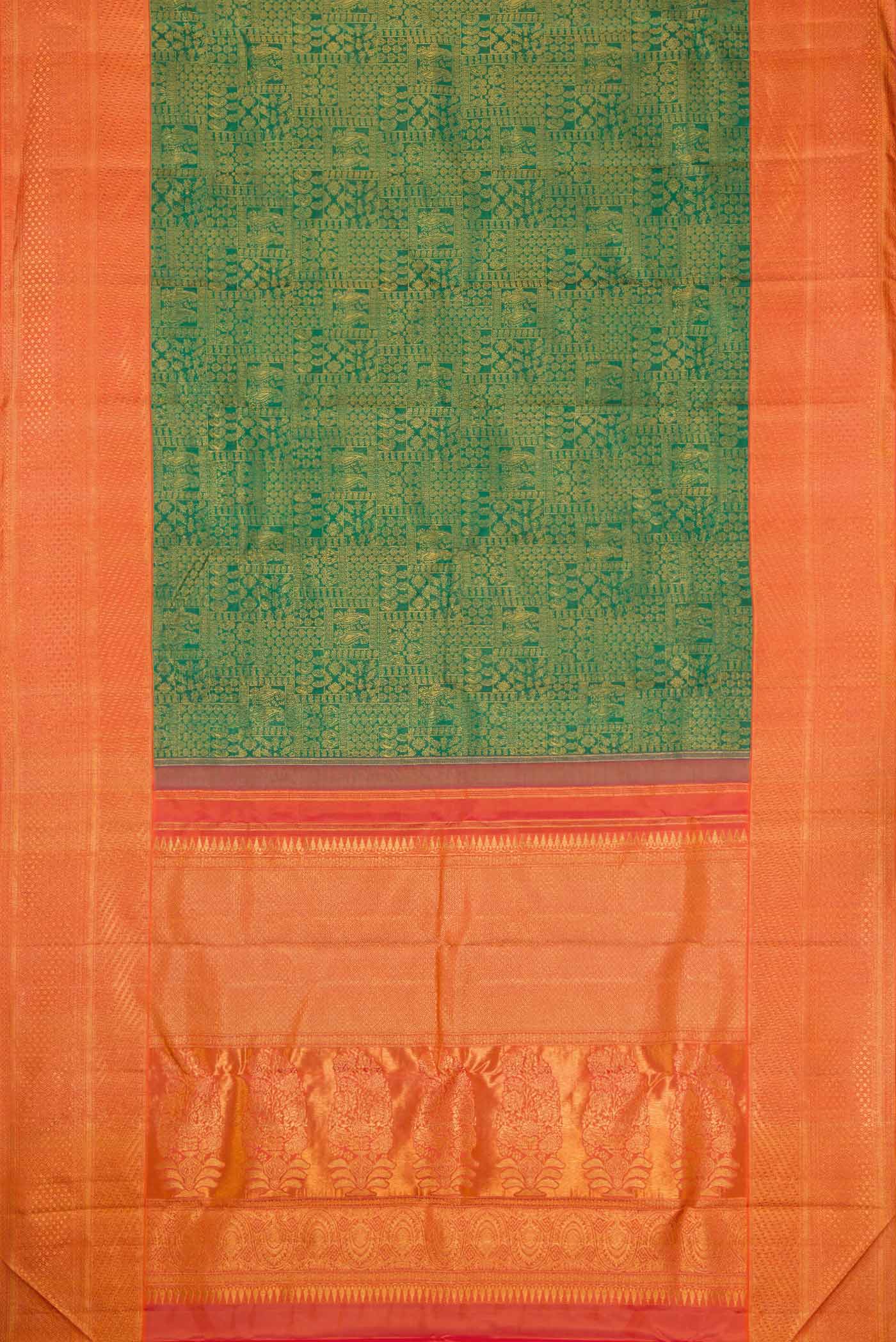 Flat view of Green Dual Tone Kanchipuram Silk Saree with Zari Brocade on the body and Zari Border. 