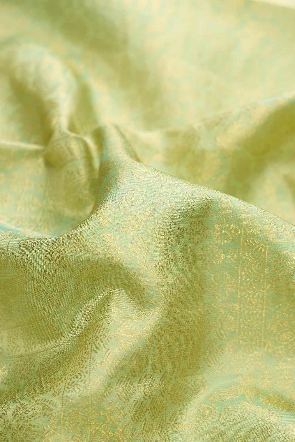 Close up of Pista Green Dual Tone Kanchipuram Silk Saree with Zari Brocade on the body and Zari Border.  displaying folds