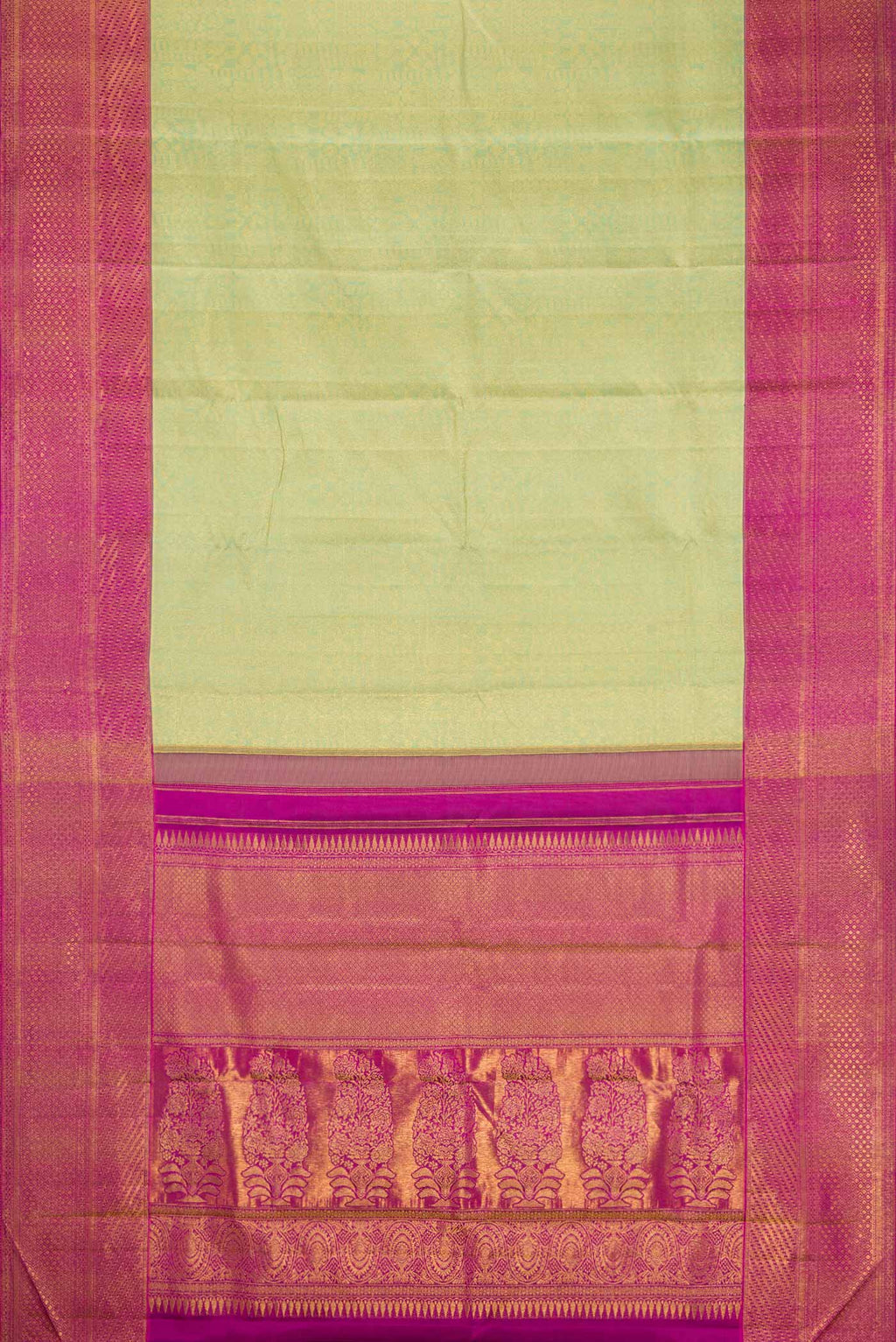 Flat view of Pista Green Dual Tone Kanchipuram Silk Saree with Zari Brocade on the body and Zari Border. 