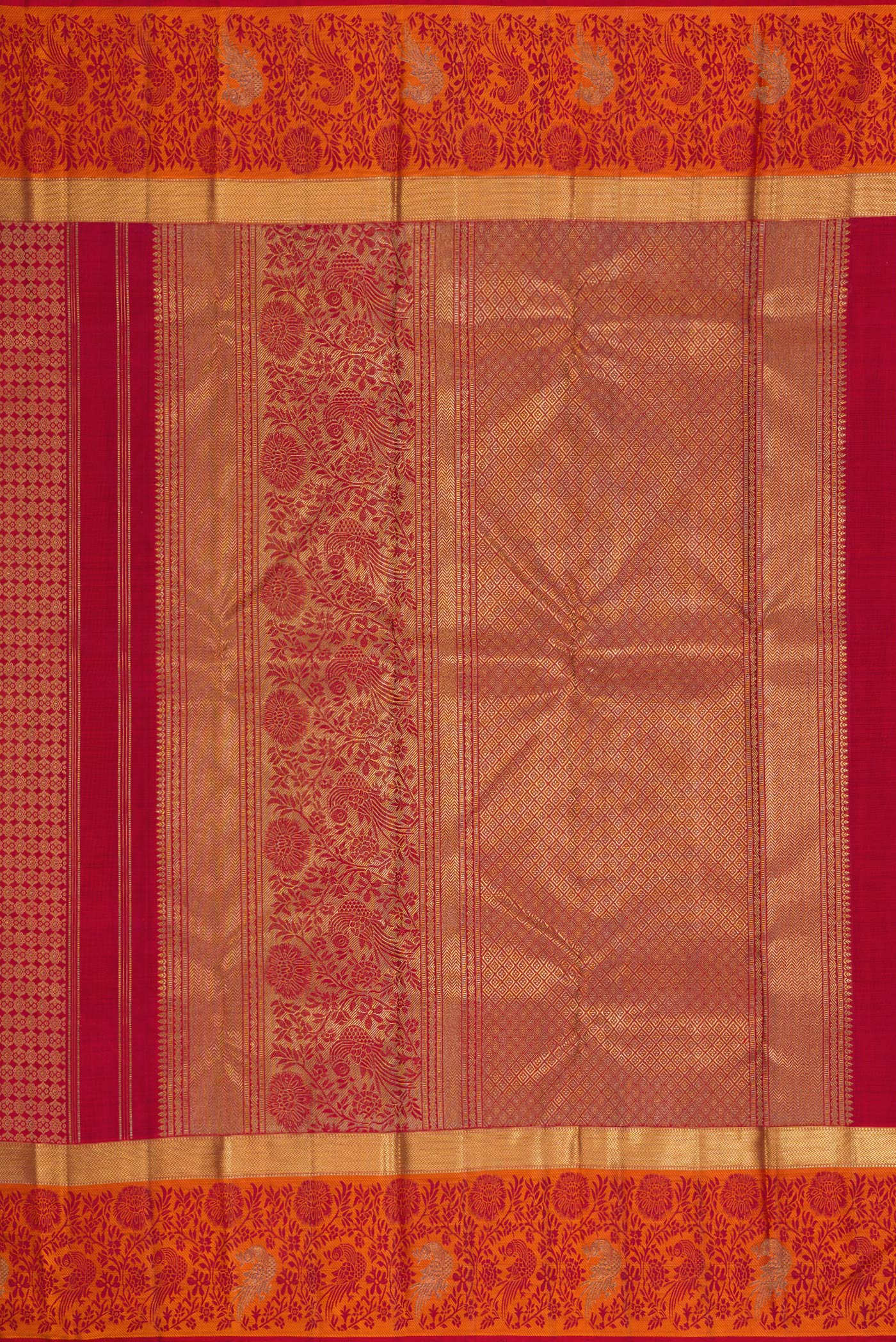 Close up image of the pallu of Pure Silk Pure Zari Maroon Dual Tone Kanchipuram Saree with Jacquard design on the body and Fancy Border. 